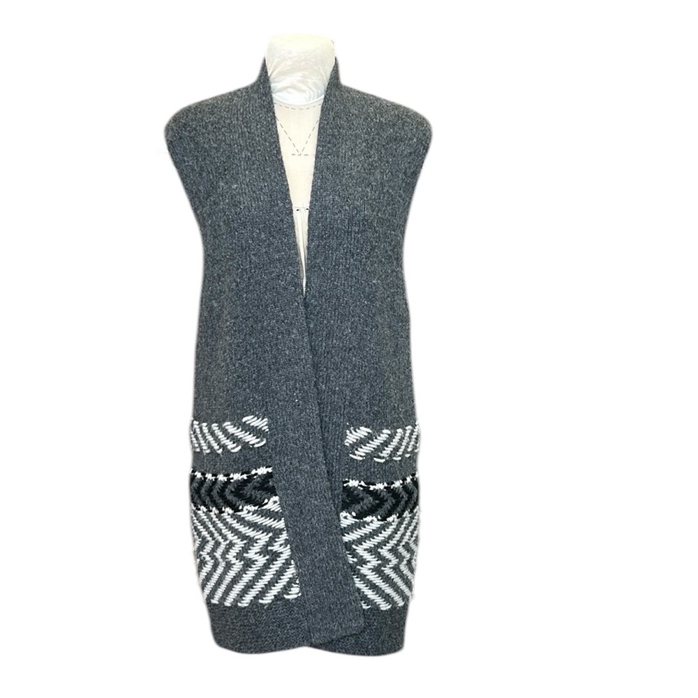 White + Warren Soft Alpaca Jacquard Vest Charcoal Multi Longline Open Front L